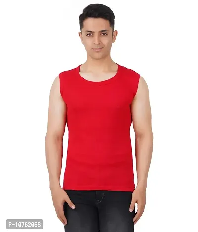 Men's Premium Sleeveless Modern Cotton Gym Vest Round Neck Slim Fit for All Season (Pack of 1) (M, RED)-thumb4