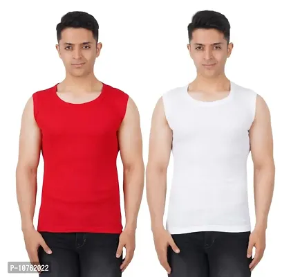 Men's Premium Sleeveless Modern Cotton Gym Vest Round Neck Slim Fit for All Season (Pack of 2) (XS, RED.White)-thumb0