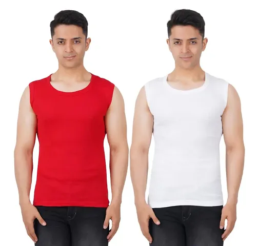 Men's Premium Sleeveless Modern Cotton Gym Vest Round Neck Slim Fit for All Season (Pack of 2)