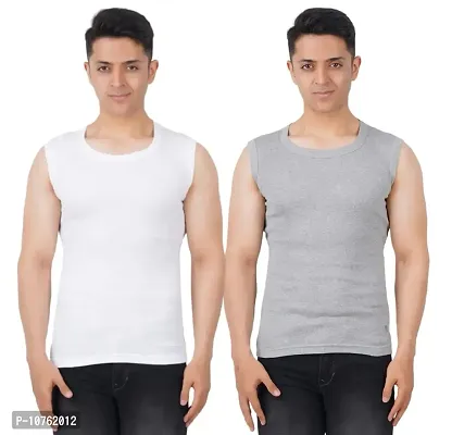 Men's Premium Sleeveless Modern Cotton Gym Vest Round Neck Slim Fit for All Season (Pack of 2) (S, WHITW.MILANGE)-thumb0