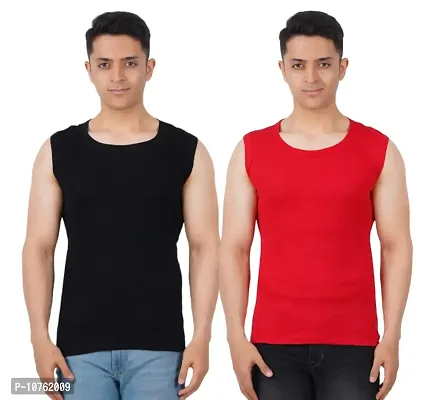 Men's Premium Sleeveless Modern Cotton Gym Vest Round Neck Slim Fit for All Season (Pack of 2) (XL, Black.RED)-thumb0