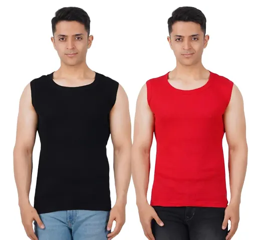 Men's Premium Sleeveless Modern Gym Vest Round Neck Slim Fit for All Season (Pack of 2) (XL, Black.RED)