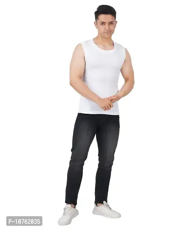 Men's Premium Sleeveless Modern Cotton Gym Vest Round Neck Slim Fit for All Season (Pack of 1) (M, White)-thumb5