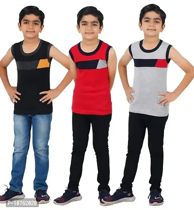 Kids Boy's Premium Sleeveless Vest Smooth and Comfort Fit for All Season (Pack of 3) (65, Black,RED,Melange)-thumb0