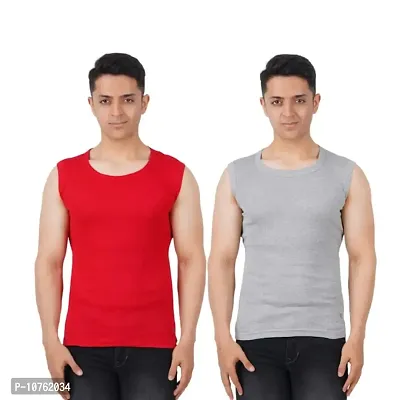 Men's Premium Sleeveless Modern Cotton Gym Vest Round Neck Slim Fit for All Season (Pack of 2) (S, RED.Melange)-thumb0