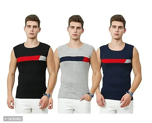 Men's Premium Sleeveless Modern Cotton Gym Vest Round Neck Slim Fit 1014 (Pack of 3)