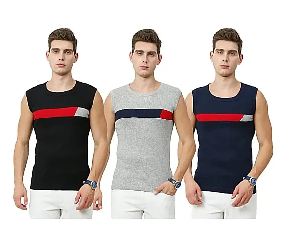 Men's Premium Sleeveless Modern Cotton Gym Vest Round Neck Slim Fit 1014 (Pack of 3)