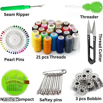 Sewing Essentials Set Seam Ripper, Threader, Pearl Pins, Needle Compact, Safety Pin, Thread Cutter, 21 Pieces of Threads, 3 Pieces-thumb0