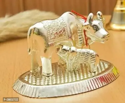 Decorative Showpiece Glossy Silver Kamdhenu Cow And Calf Set In Small