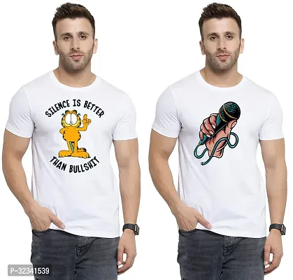 Stylish Polycotton White Printed Tees For Men Pack of 2-thumb0