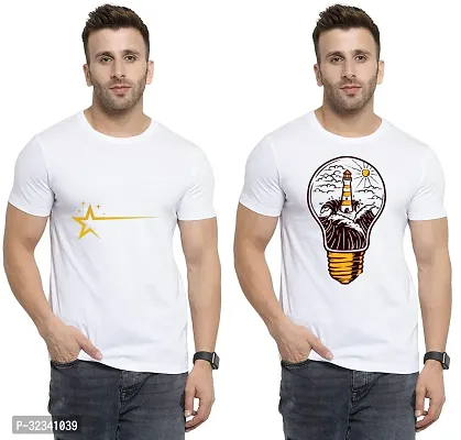 Stylish Polycotton White Printed Tees For Men Pack of 2-thumb0