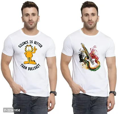 Stylish Polycotton White Printed Tees For Men Pack of 2-thumb0