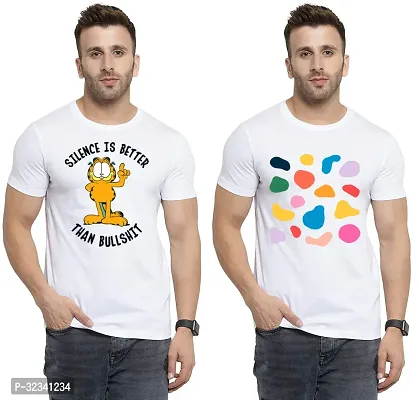 Stylish Polycotton White Printed Tees For Men Pack of 2-thumb0