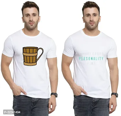 Stylish Polycotton White Printed Tees For Men Pack of 2-thumb0