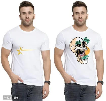 Stylish Polycotton White Printed Tees For Men Pack of 2-thumb0