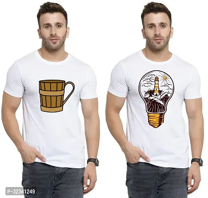 Stylish Polycotton White Printed Tees For Men Pack of 2-thumb0