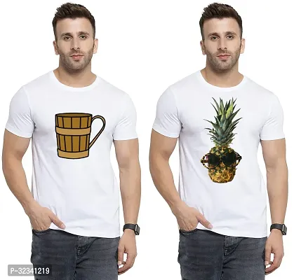 Stylish Polycotton White Printed Tees For Men Pack of 2-thumb0