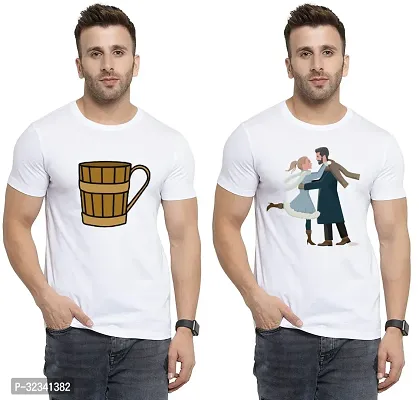 Stylish Polycotton White Printed Tees For Men Pack of 2-thumb0