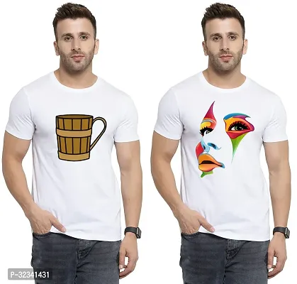 Stylish Polycotton White Printed Tees For Men Pack of 2-thumb0