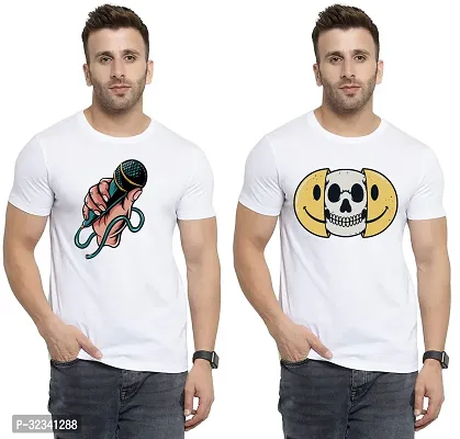 Stylish Polycotton White Printed Tees For Men Pack of 2-thumb0