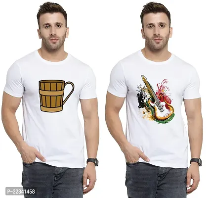 Stylish Polycotton White Printed Tees For Men Pack of 2-thumb0