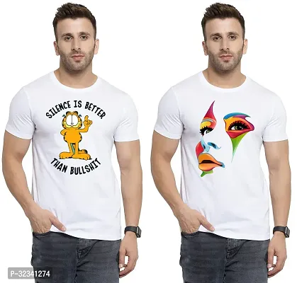 Stylish Polycotton White Printed Tees For Men Pack of 2-thumb0