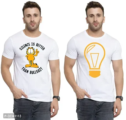 Stylish Polycotton White Printed Tees For Men Pack of 2-thumb0