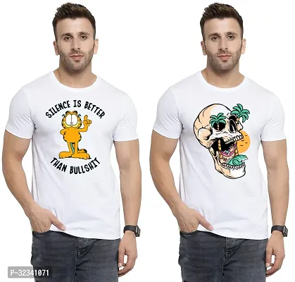 Stylish Polycotton White Printed Tees For Men Pack of 2-thumb0