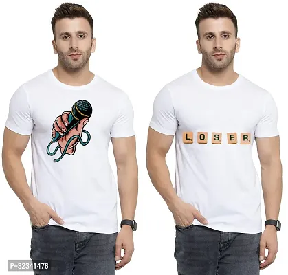 Stylish Polycotton White Printed Tees For Men Pack of 2-thumb0