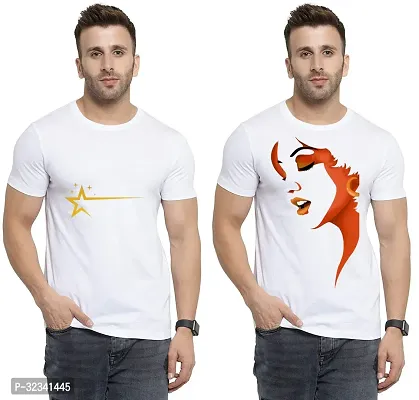 Stylish Polycotton White Printed Tees For Men Pack of 2-thumb0