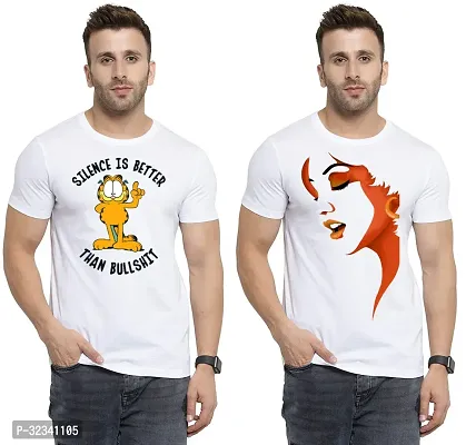 Stylish Polycotton White Printed Tees For Men Pack of 2-thumb0