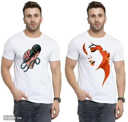 Stylish Polycotton White Printed Tees For Men Pack of 2-thumb0