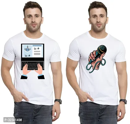 Stylish Polycotton White Printed Tees For Men Pack of 2-thumb0