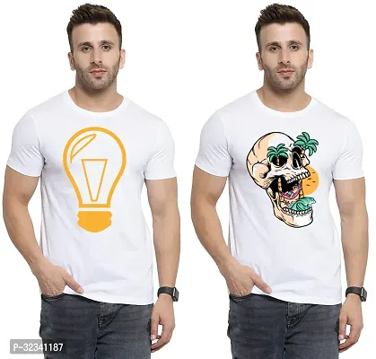 Stylish Polycotton White Printed Tees For Men Pack of 2-thumb0