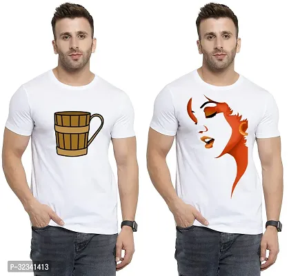 Stylish Polycotton White Printed Tees For Men Pack of 2-thumb0