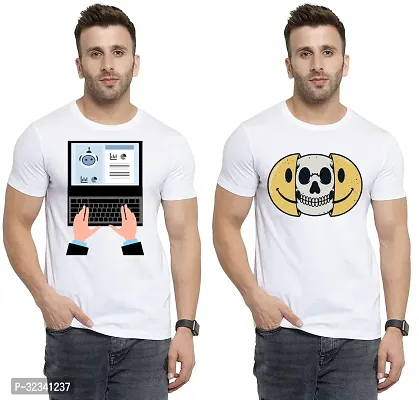 Stylish Polycotton White Printed Tees For Men Pack of 2-thumb0