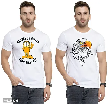 Stylish Polycotton White Printed Tees For Men Pack of 2-thumb0