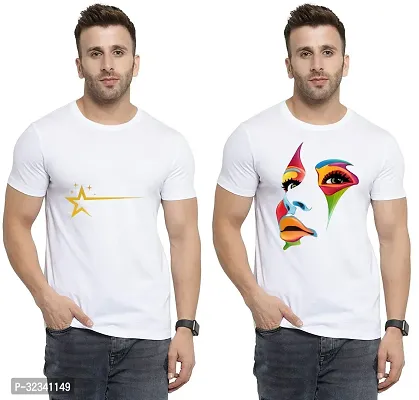 Stylish Polycotton White Printed Tees For Men Pack of 2-thumb0