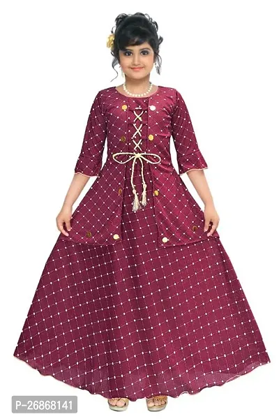 Fabulous Maroon Cotton Blend Embellished Frock For Girls-thumb0