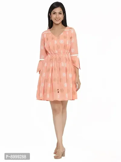 VAIJAYANTI Cotton Women Peach Printed Dress for Women (VJ680-$P)