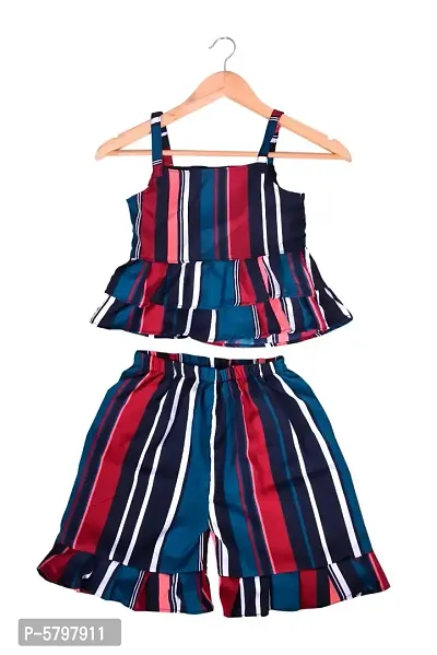Stylish Crepe Multicoloured Striped Two Piece Dress For Girls