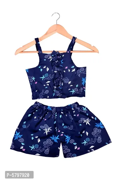 Stylish Crepe Black Floral Print Two Piece Dress For Girls