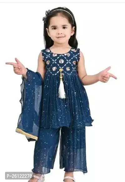 Fabulous Blue Chiffon Printed Top With Bottom For Girls