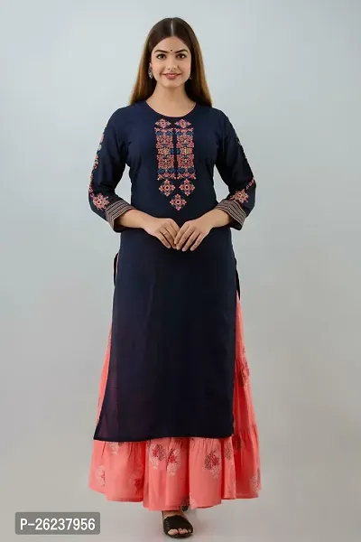 Stylish Navy Blue Cotton Lycra Printed Kurta Bottom Set For Women-thumb0