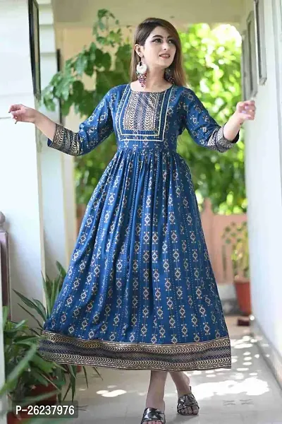 Stylish Blue Cotton Lycra Printed Kurta For Women-thumb0