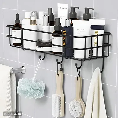 Steel Self-Adhesive Multipurpose Bathroom Shelf with Hooks/Towel Holder/Rack/Bathroom Accessories-Wall Mount - Pack of 1 (Black,Powder Coated)