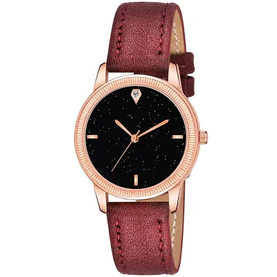 Black 4 point Dial Rose Gold Case Maroon Leather Strap Watch For Girl