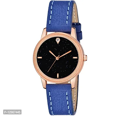 Black 4 point Dial Rose Gold Case Blue Leather Strap Watch For Girl-thumb0