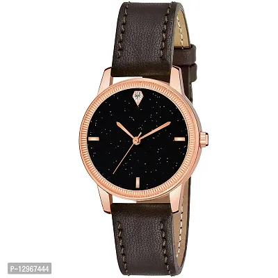 Black 4 point Dial Rose Gold Case Brown Leather Strap Watch For Girl