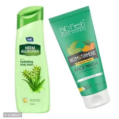 Yhi Neem Aloevera Skin Hydrating Hand Body Lotion Biofresh Neem Turmeric Face Wash Combo-thumb0